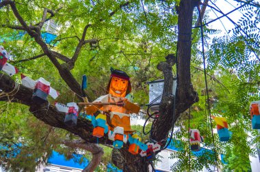 Fiesta Major de Gracia, Placa del Nord, Barcelona, İspanya - Ağustos 2019. Gracia ilçesinin dekore edilmiş caddeleri. 