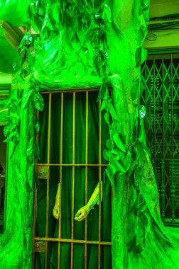 Fiesta Major de Gracia, Carrer Verdi del mig, Barcelona, İspanya - Ağustos 2019. Gracia ilçesinin dekore edilmiş caddeleri. 