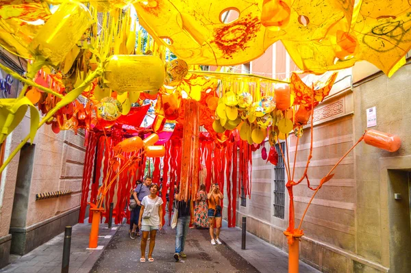 Fiesta Major Gracia Carrer Perla Barcelona Spanien Augusti 2019 Dekorerade — Stockfoto