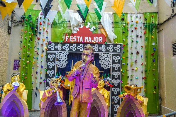 西班牙巴塞罗那Carrer Ciudad Real的Fiesta Major Gracia 2019年8月 Gracia区装饰过的街道 — 图库照片