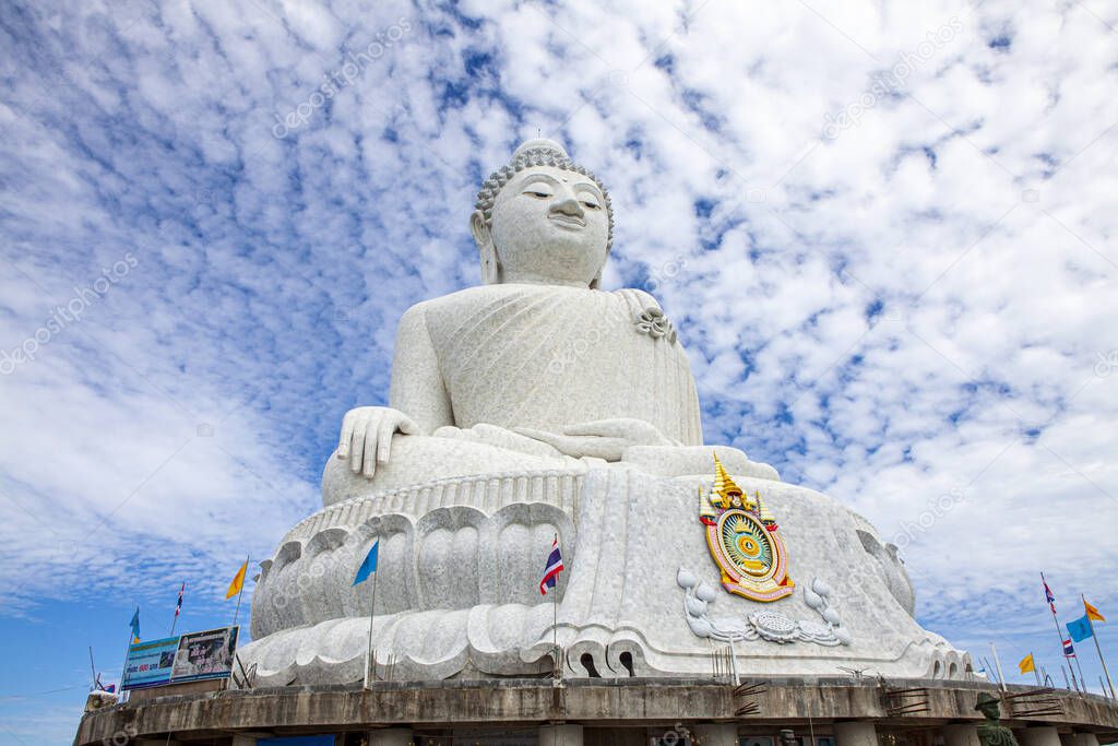 Big Buddha statue Was built on a high hilltop of Phuket Thailand Can be seen from a distance.