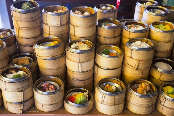 Dim Sum Bambu Ångbåt Kinesisk Mat — Stockfoto