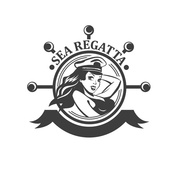 Güzel PIN kız, denizci eski moda stil. Deniz Regatta işareti. Vektör çizim