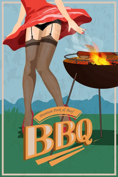 Sexy Grillfrau. Pin up Mädchen in Strümpfen Kochen BBQ. Lustige Illustration. Vektor — Stockvektor