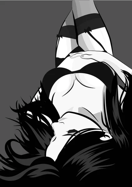 Sexy Girl in black lingerie Lying Down - Vector Illustration - Stok Vektor