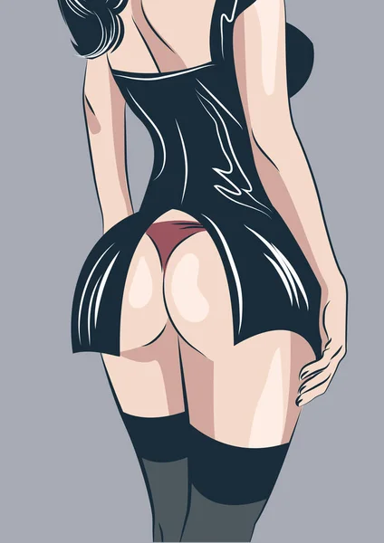 Mulher bonita mulher em negligência e meias, fica para trás. Desenho em preto e branco. Pin up menina sexy clássico . —  Vetores de Stock