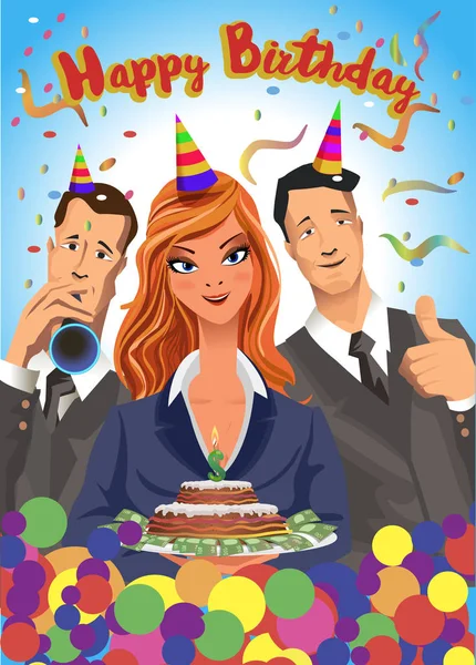 Birthday party vector illustration, friends with presents, gifts, holding cake, wearing celebration hats.
