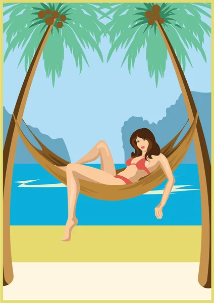 Chica en una hamaca bajo las palmeras. Cartel tropical — Vector de stock