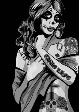 Vector illustration of a beautiful woman. Chicano tattoo style clipart