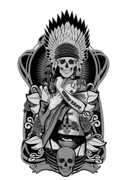 Chica nativa americana con tocado de calaveras. Ilustración vectorial — Vector de stock