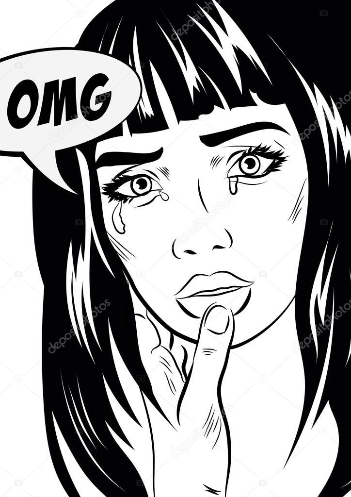 Girl crying woman face. Pop art retro style. Human emotions.