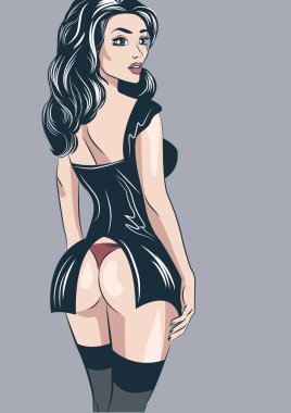 Güzel kadın kadın sabahlık ve çorap, geri durumda. Klasik seksi kız up pin.