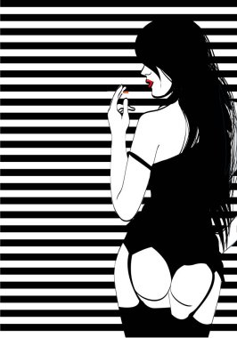 Genç esmer kız iç çamaşırı sigara içiyorum. Pop art vektör çizim.