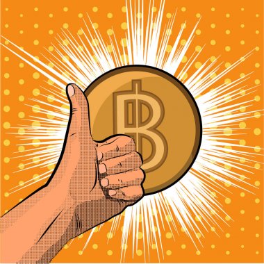 Vektör çizim bitcoin ve Kripto para birimi kavramı - el başparmak yukarı. Pop sanat tarzı