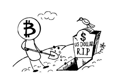 Doodle tarzı Bitcoin ABD Doları, komik karikatür gömün. Vektör biçimi.