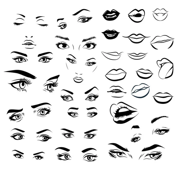 Weibliche Frau Augen und Lippen Bildkollektion Set. Mode Mädchen Augen Design. Vektorillustration. — Stockvektor