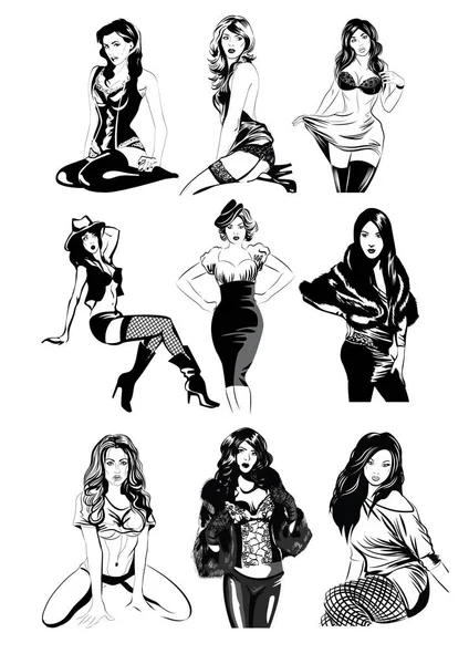 Skiss penna, sexiga vackra flickor i olika poser. Vektorillustration — Stock vektor
