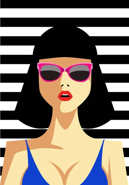 Bella giovane donna con occhiali da sole, stile retrò. Pop art. Illustrazione delle eps10 vettoriali — Vettoriale Stock