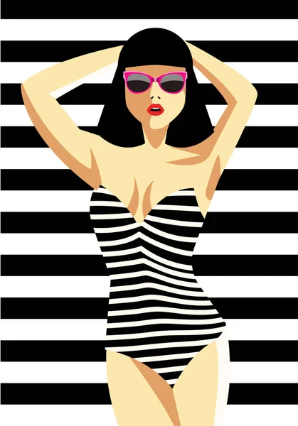 Mooie jonge vrouw met zonnebril en zwembroek, retro-stijl. Pop-art. Vectorillustratie eps10 — Stockvector
