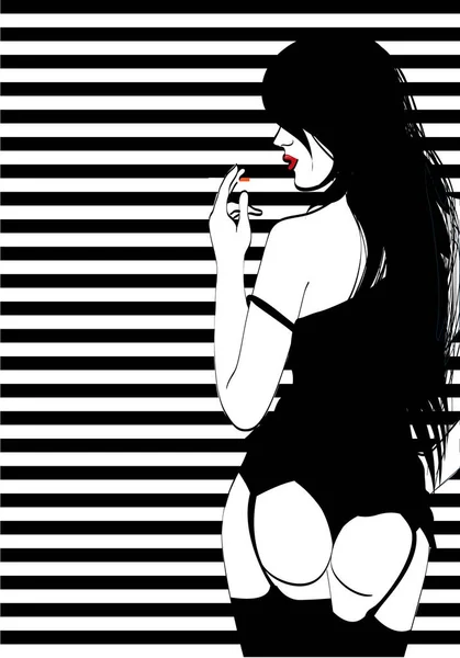 Νεαρό κορίτσι μελαχρινή στο εσωρούχων που καπνίζει ένα τσιγάρο. Εικονογράφηση διάνυσμα pop art. — Διανυσματικό Αρχείο