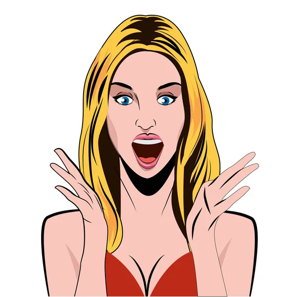 Mujer sorprendida. Chica de arte pop. Vaya emoción. Una comediante. Ilustración conceptual. Mujer conmocionada con la boca abierta. Cara sorprendida . — Vector de stock