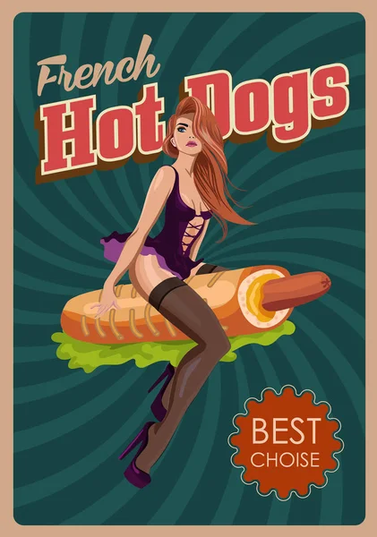Pin up Mädchen, die einen Hot Dog reiten. Fast Food Retro Poster. Vektorillustration. — Stockvektor