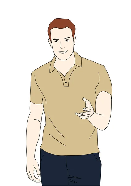 Muž v světle hnědý svetr a džíny stojící s rukama. Vektorové ilustrace — Stockový vektor