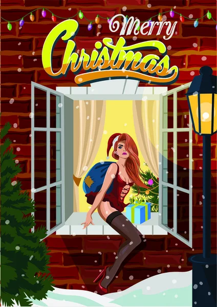 Merry Christmas poster. Santa girl on the window with a bag of gifts. Vector illustration — Stock Vector