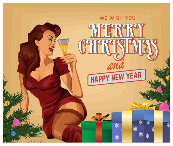 Pin-up chica de Navidad con champán, Feliz Año Nuevo, vector de ilustración . — Archivo Imágenes Vectoriales