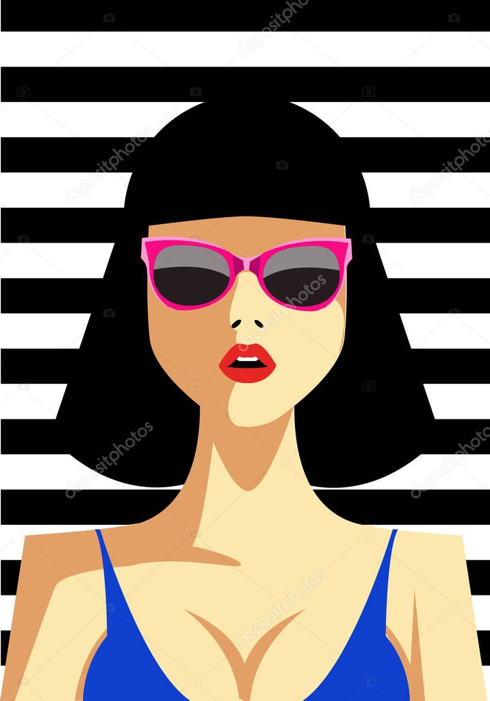 Beautiful young woman with sunglasses, retro style. Pop art. Vector eps10 illustration