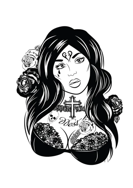 Ilustración vectorial de una mujer hermosa. Chicano tatuaje estilo . — Archivo Imágenes Vectoriales