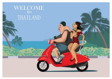 Avrupa turizm ile bir Taylandlı güzel kız ile bir scooter gidiyor. Tayland - vektör çizim.
