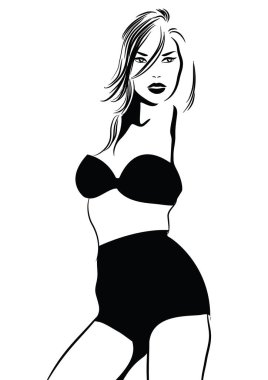 Siyah ve beyaz vektör PIC bikini kız ile. Vektör çizim