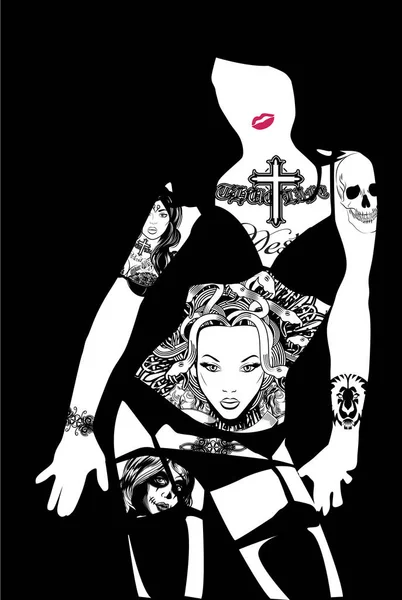 美しい女性のベクトル イラスト。タトゥー スタイル — ストックベクタ
