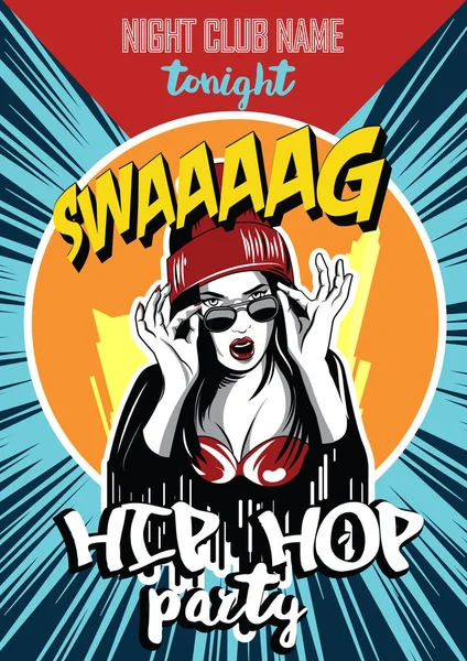 Hip hop nacht club poster. Mooie jonge stedelijke Rap meisje. — Stockvector