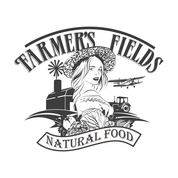 Campos de Agricultores. Modelo de design de logotipo vetor vintage. Vegetais ou ícone de comida fresca . —  Vetores de Stock