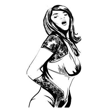 Seksi bir kadın. Moda illüstrasyonu mürekkep stilinde yaratıldı. Vektör illüstrasyonu.