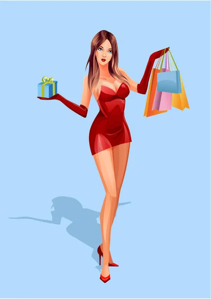 Schöne Frau in einem roten Kleid mit Einkaufstaschen und einem Geschenk in der Hand. Vektorillustration. — Stockvektor