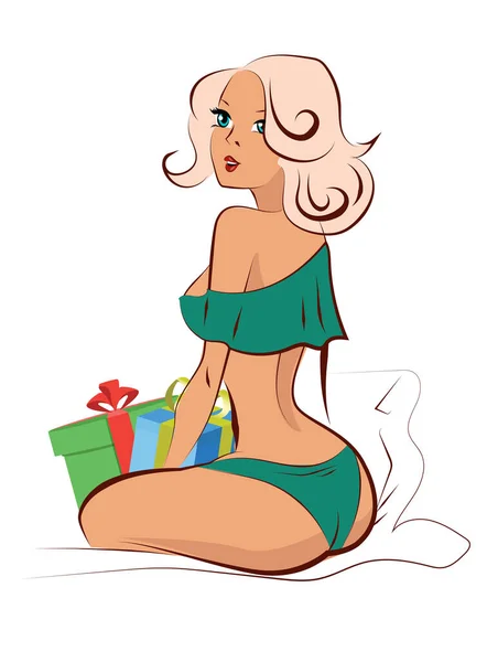 Linda chica y cajas de regalo. Ilustración vectorial . — Vector de stock