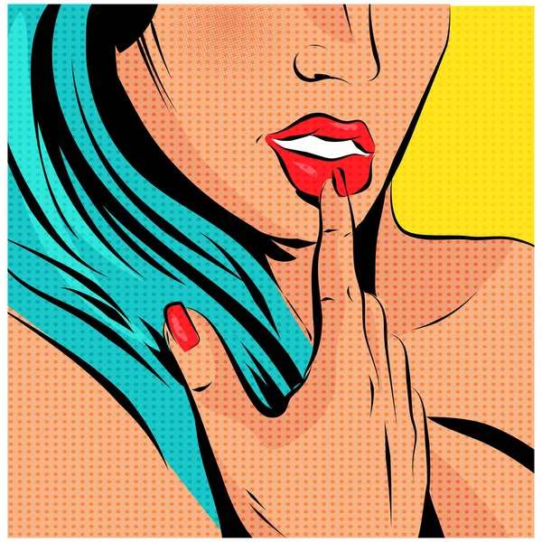 Frau im Pop-Art-Comicstil berührt Finger auf ihren Lippen, Vektorillustration. — Stockvektor