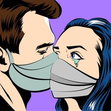 Tıbbi maske takan çift öpüşüyor. Pop sanat tarzı. Vektör illüstrasyonu.