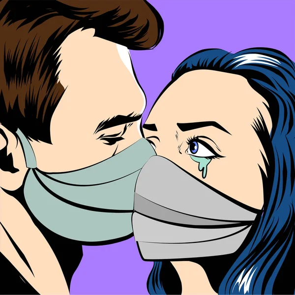 Pár polibků s maskou. Pop art styl. Vektorová ilustrace. — Stockový vektor