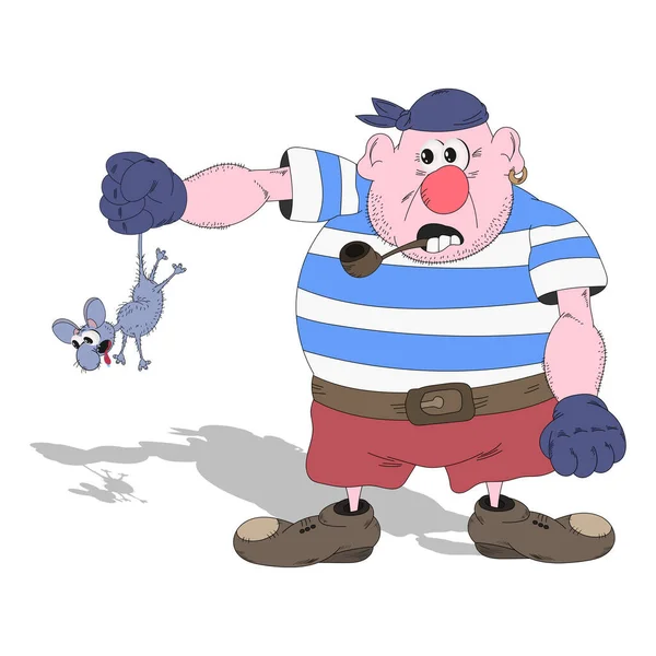 En tecknad pirat i randig t-shirt, röda shorts och ett rör i munnen håller en hårig mus vid svansen. Isolerad på en vit bakgrund med en skugga. — Stock vektor