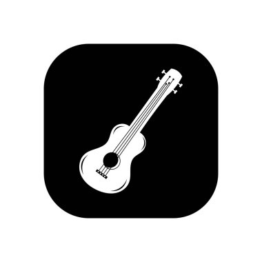 ukulele - web için vektör logosu simgesi. Siyah üstüne beyaz. Minimalist çizgi film biçimi.