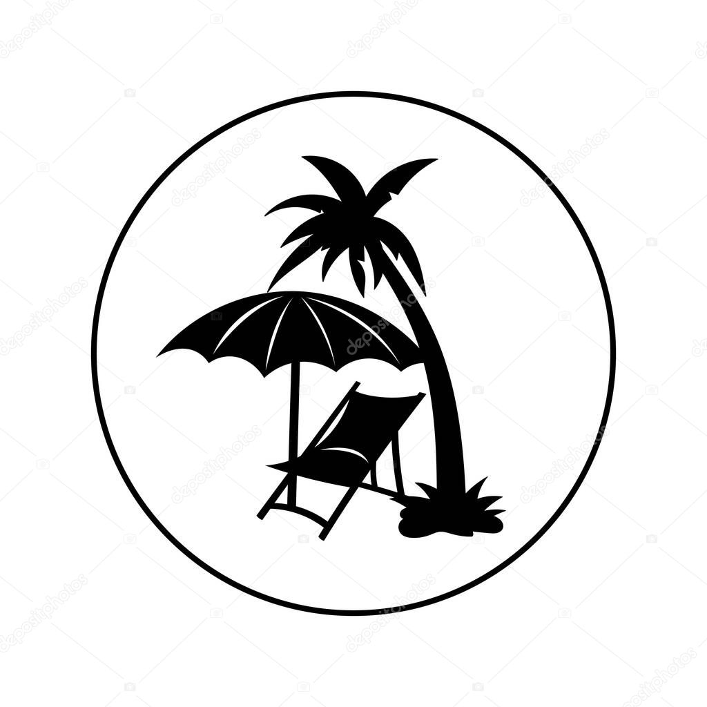 beach deck chair with palm tree - vector logo icon for web. black on white. Minimalistic cartoon style.