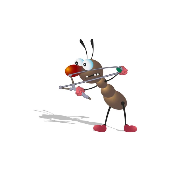 Una pequeña hormiga marrón de dibujos animados armada con una honda apunta y se prepara para disparar. Aislado sobre un fondo blanco con una sombra . — Vector de stock