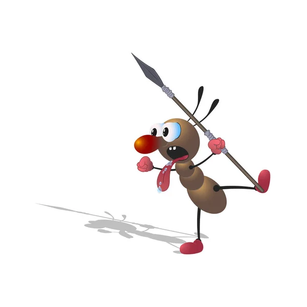Eine kleine Karikatur braune Ameise mit einem Speer bewaffnet flucht und gestikuliert. isoliert auf weißem Hintergrund mit Schatten. — Stockvektor