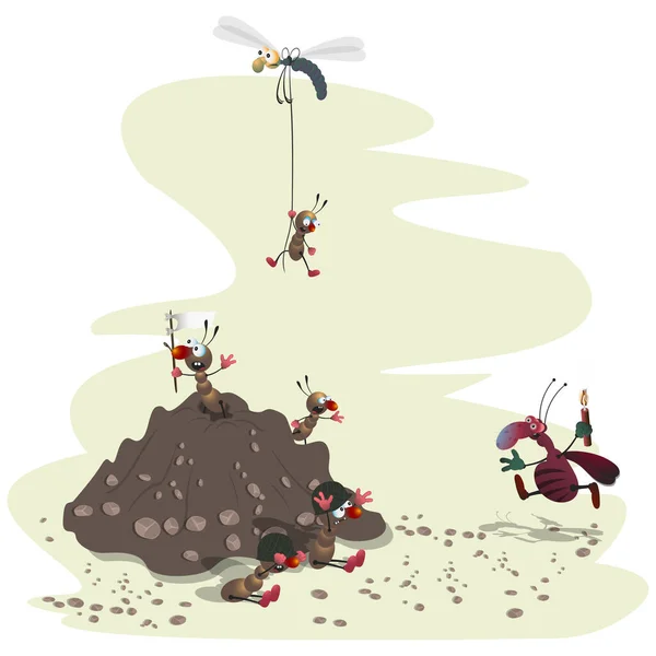 Çizgili çizgi film hamamböceği karınca yuvasından kaçan küçük karıncalara dinamit atmak istiyor.