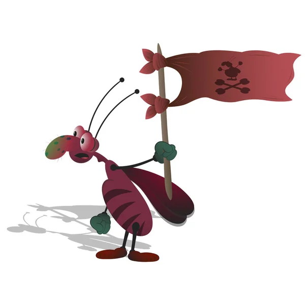 En tunn tecknad randig kackerlacka med utbuktande ögon håller en röd utvecklande flagga i handen. Isolerad illustration på en vit bakgrund med en skugga. — Stock vektor