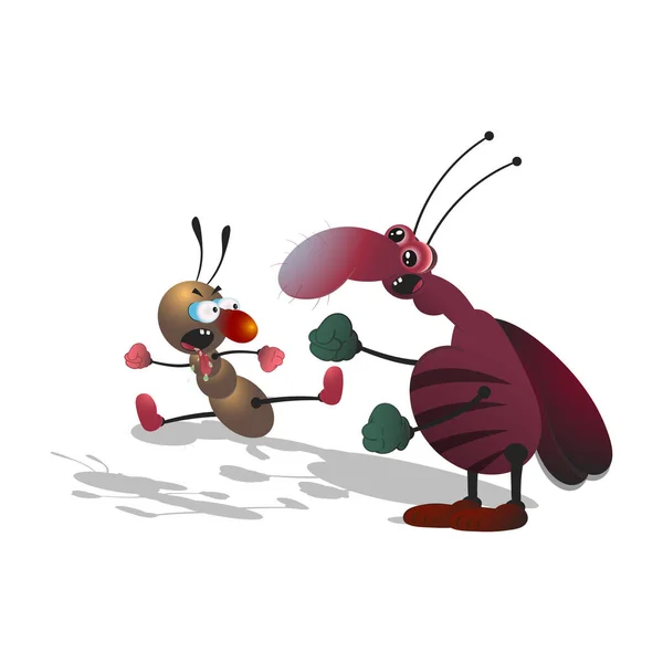 Çizgili çizgi film hamamböceği bir karıncayla dövüşür. Beyaz arkaplanda gölgesi olan izole bir illüstrasyon..